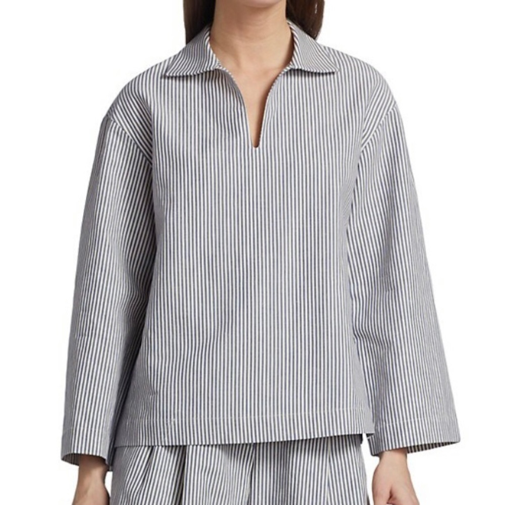 LAFAYETTE 148 New York "Dales" Oversized V-Neck Collared Shirt, Navy/White